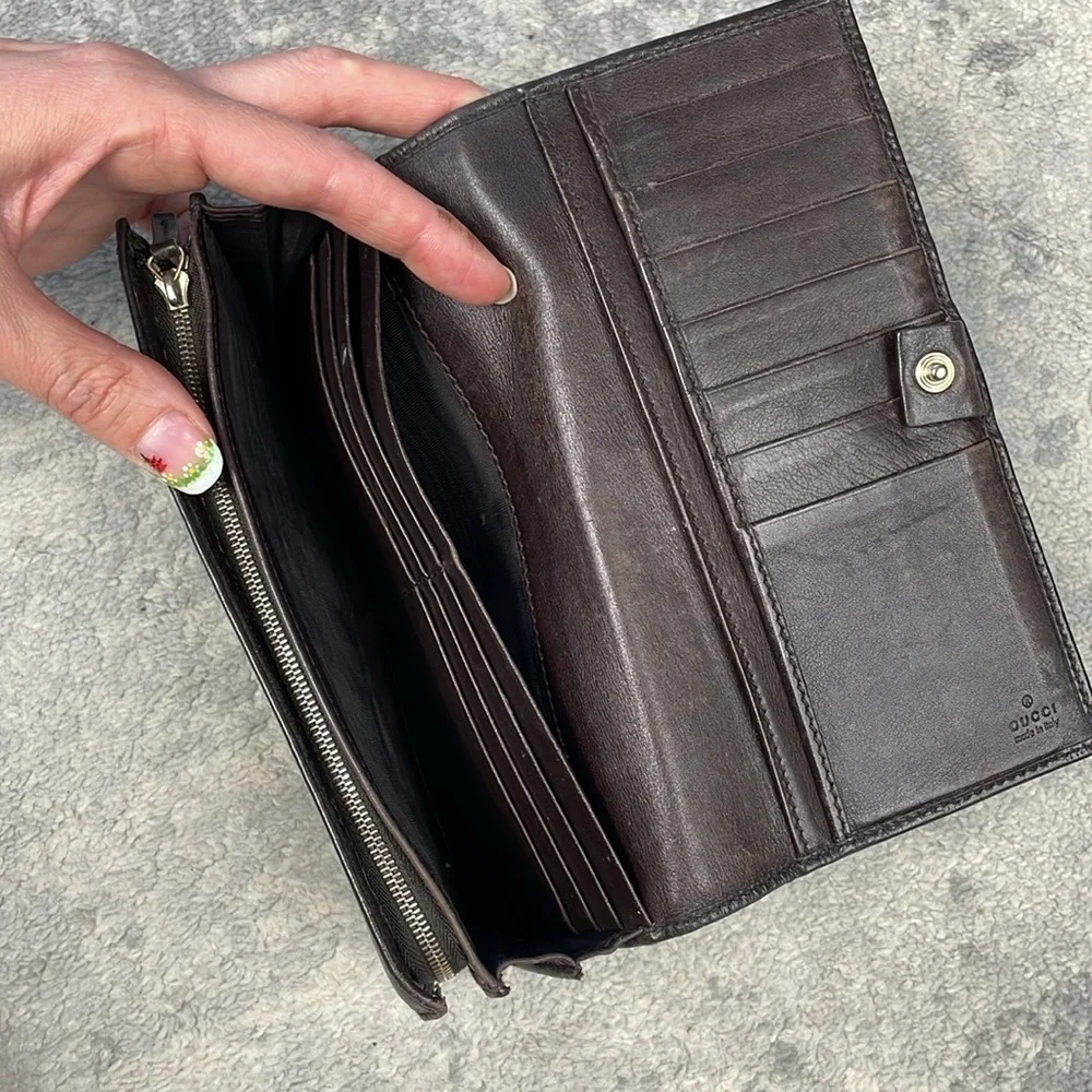 Gucci Leather Embossed GG Long Snap Wallet Dark Brown Interlocking GG